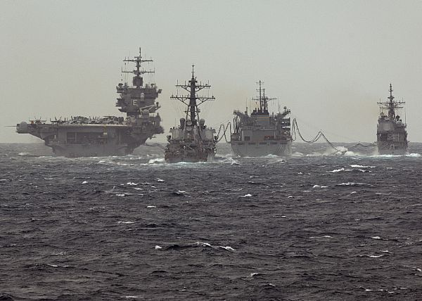 The aircraft carrier USS Enterprise (CVN 65), the guided-missile cruiser USS Vicksburg (CG 69), and the Arleigh Burke-class guided-missile destroyer USS Porter (DDG 78) 